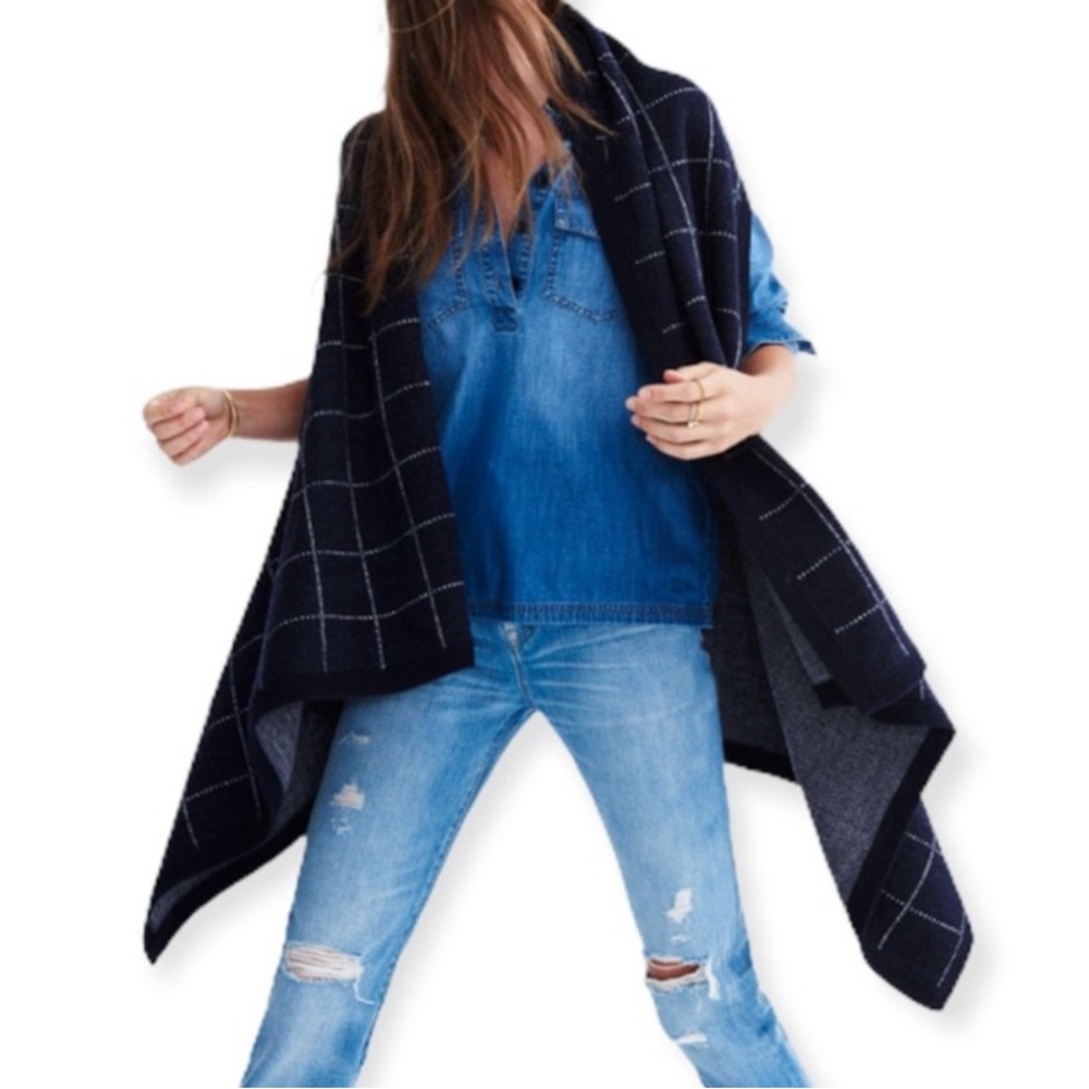 Madewell Drape Front Merino Wool Windowpane Sweater Vest, Navy - Womens One Size